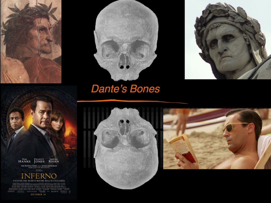 Dante's Bones: collage of Raphael portrait, Pazzi Statue, Ron Howard's Inferno, and Mad Men (Don Draper reading Inferno on the beach)